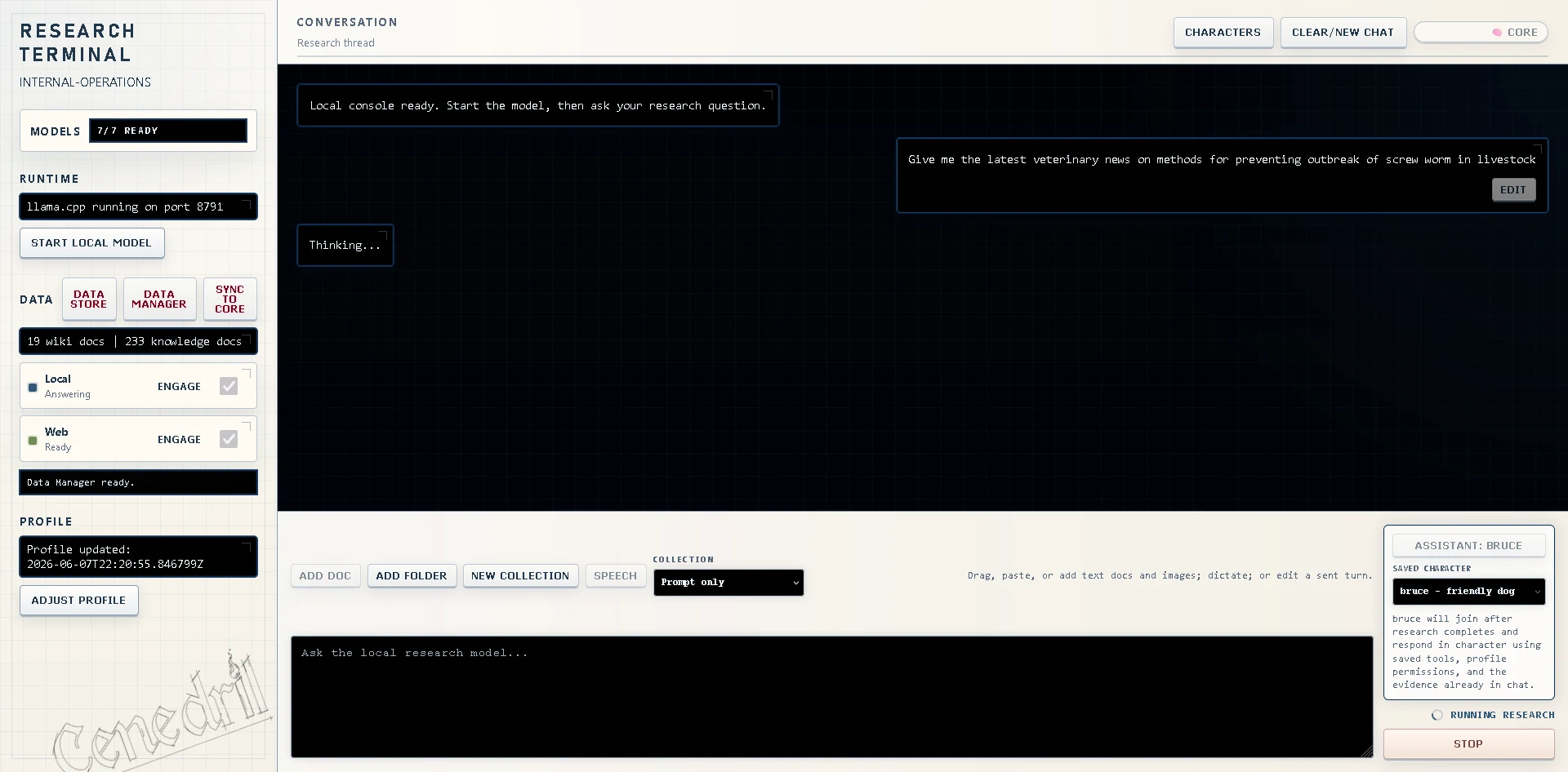 Cenedril research terminal screenshot with models, runtime, local data, web access, collections, agent selection, and research input