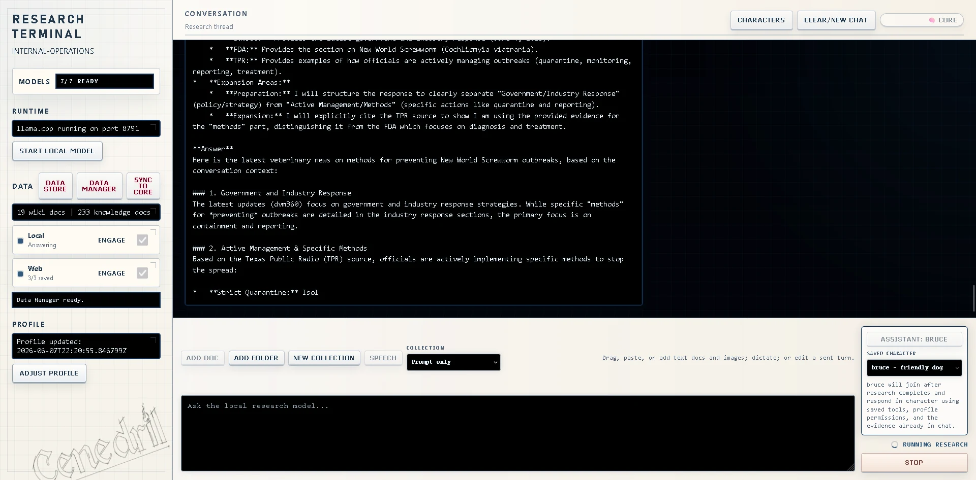 Research terminal showing a sourced research answer